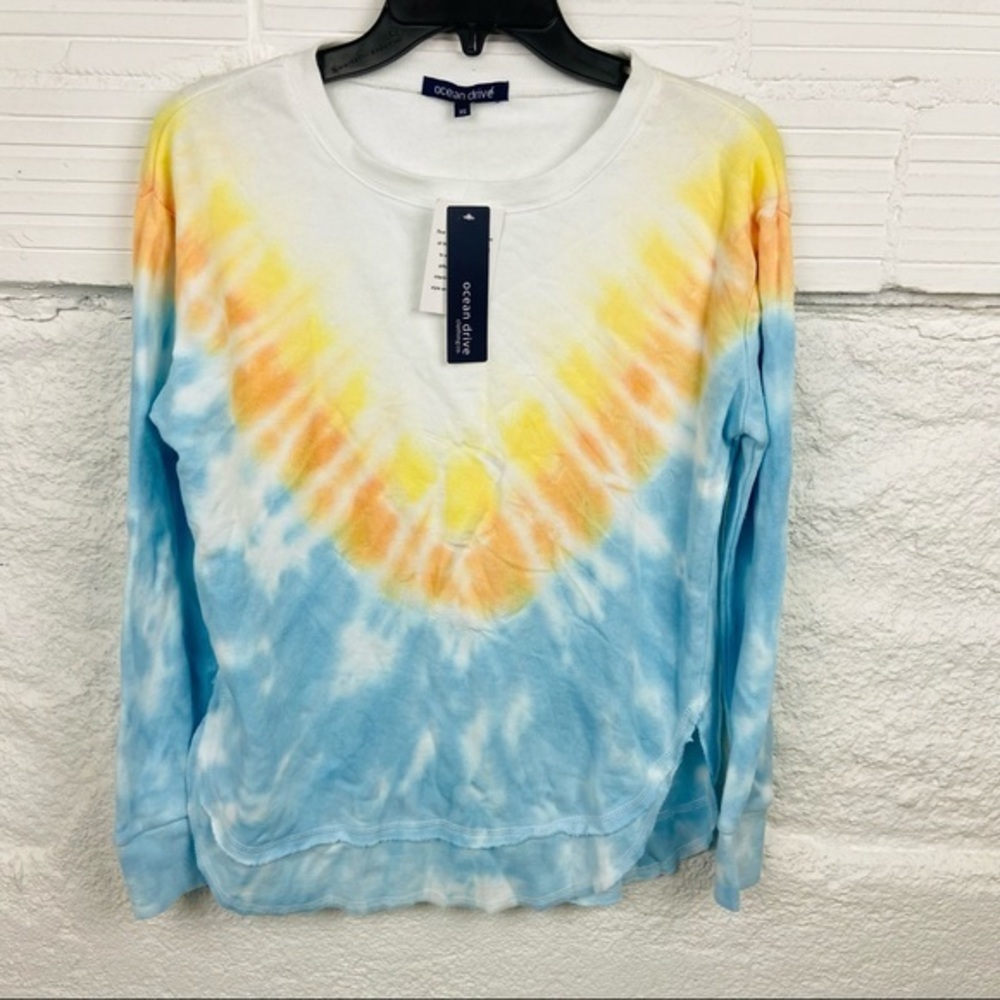 NWT OCEAN DRIVE colorful tie-dye fleece lined crewneck sweater size XS